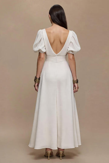 Ivory V-Neck A Line Long Formal Dress